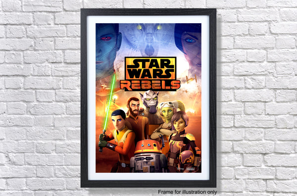 a star wars poster hanging on a brick wall