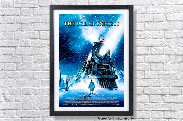 the polar express movie poster hanging on a brick wall