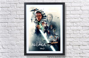 a star wars movie poster hanging on a brick wall