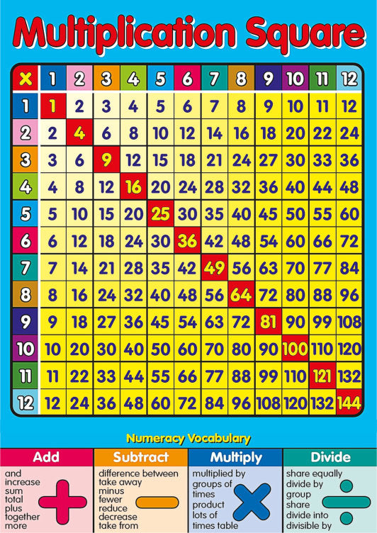 Times Table Educational Maths Sums Multiplication Square Pocket/Wall Poster