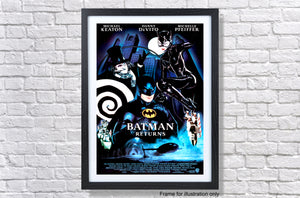 a batman movie poster hanging on a brick wall