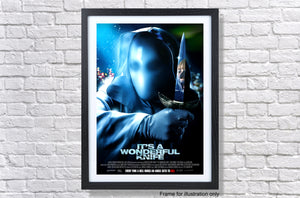 a movie poster hanging on a brick wall